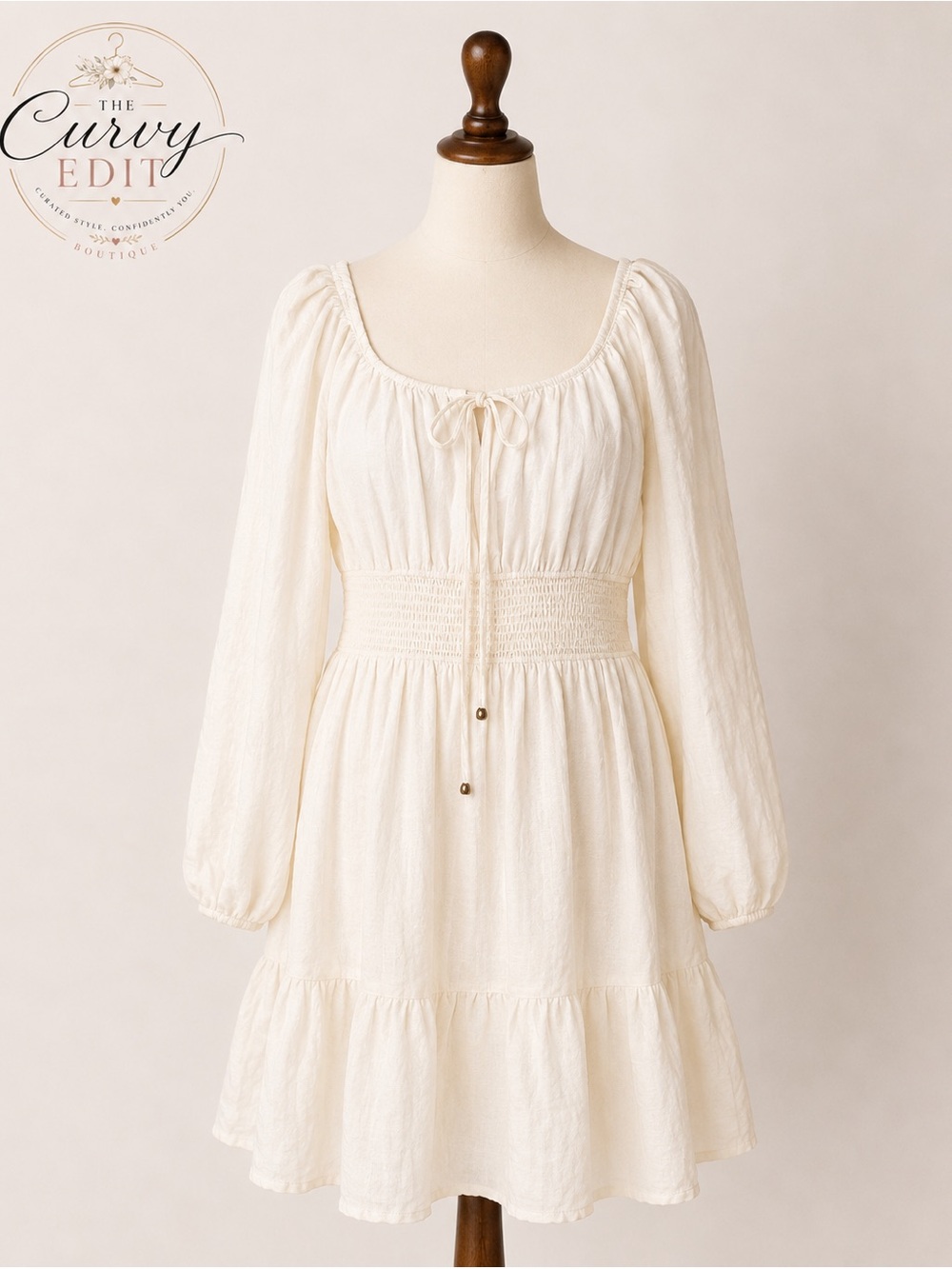 Lillusory Large Cream Smocked Waist Puff Sleeve Tiered Boho Dress